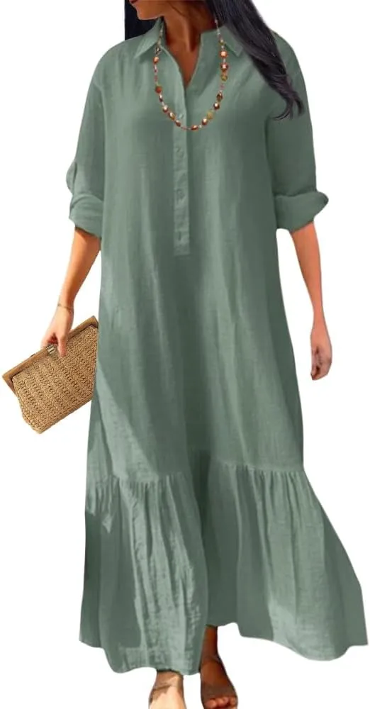 ZOCANIA Linen Dress Women Cotton Dress Casual Button Down Linen Shirt Dress Long Sleeve Plus Size Collared Maxi Dresses