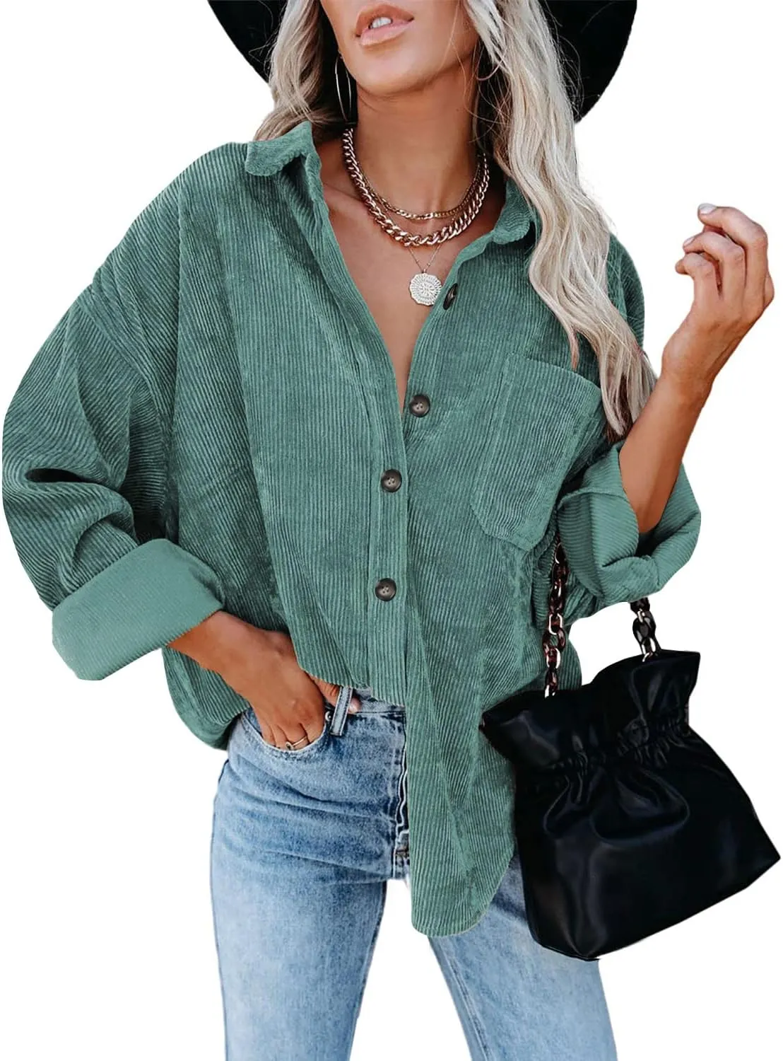 ZOLUCKY Womens Shackets Jacket Plus Size Long Sleeve Button Down Shirts Blouses Tops