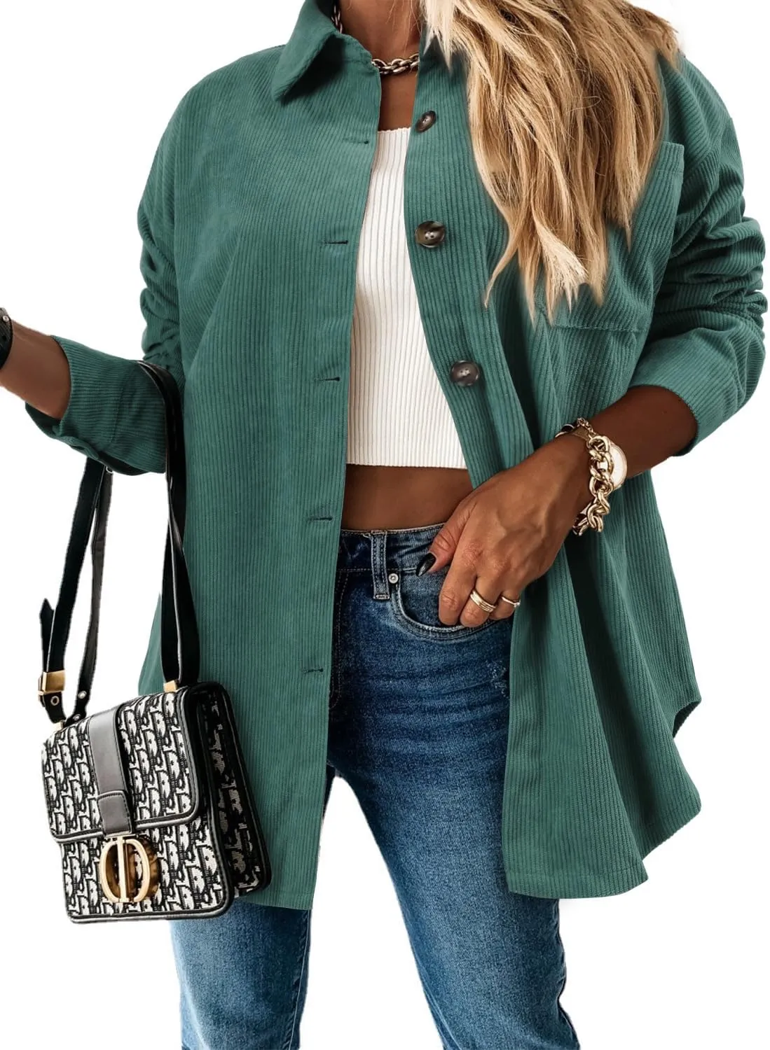 ZOLUCKY Womens Shackets Jacket Plus Size Long Sleeve Button Down Shirts Blouses Tops